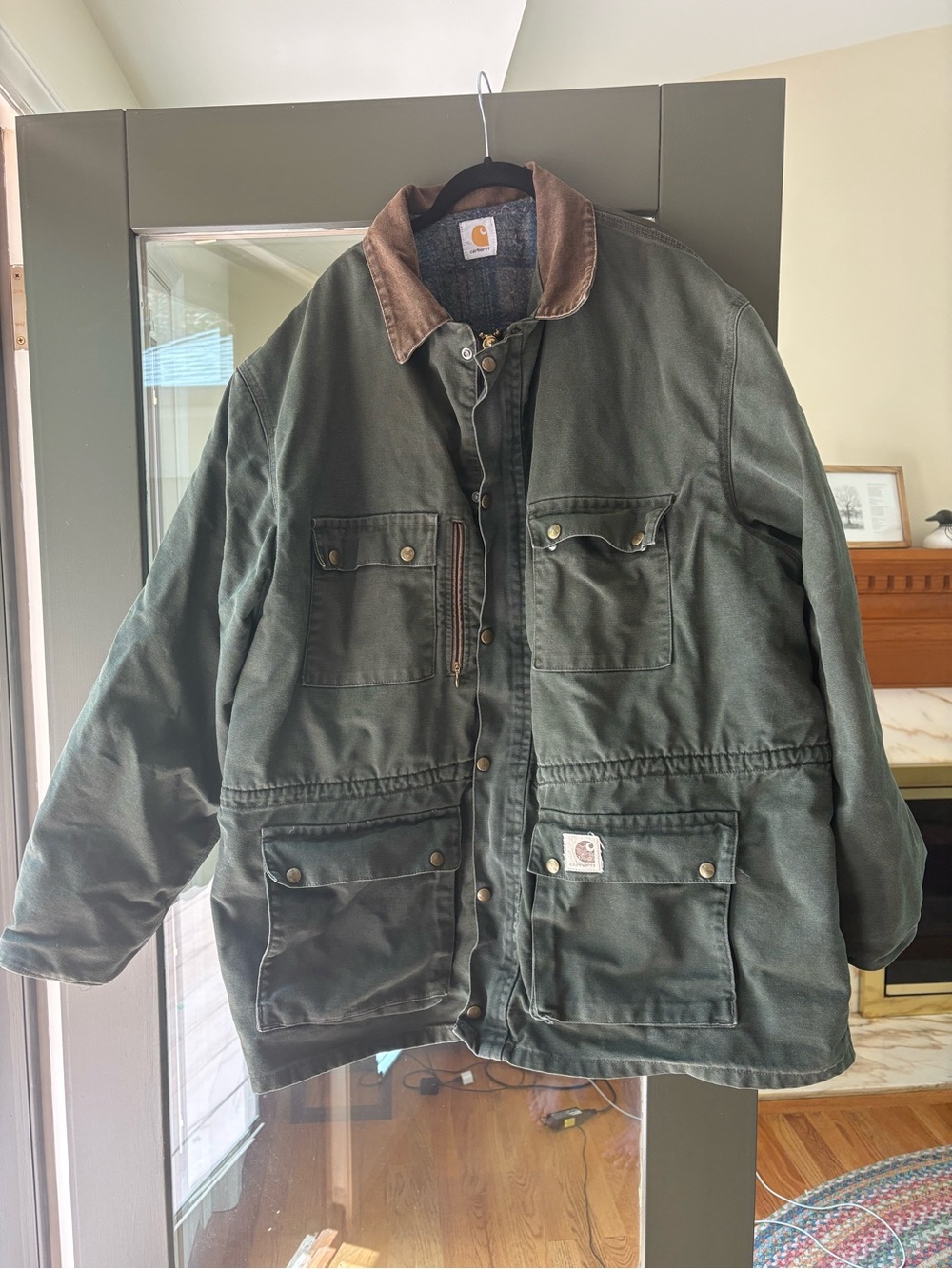 Carhartt Olive Green Canvas Field Jacket with Brown Collar
